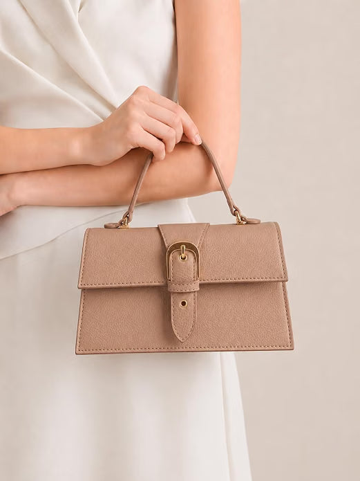 Skaza Beige Structured Leather Top-Handle Bag